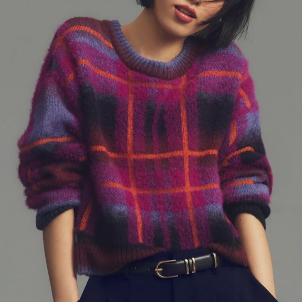 Anthropologie Women's Long Sleeve Plaid Eyelash Sweater by Maeve Size XXS